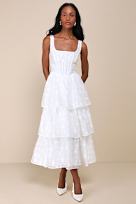 Sweet Potential White Floral Burnout Bustier Tiered Midi Dress