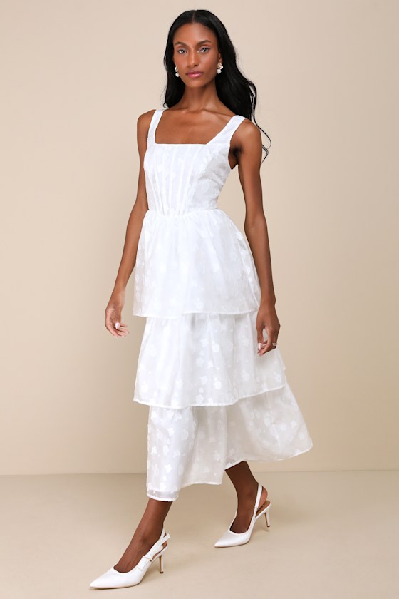Lulus Sweet Potential White Floral Burnout Bustier Tiered Midi Dress In White