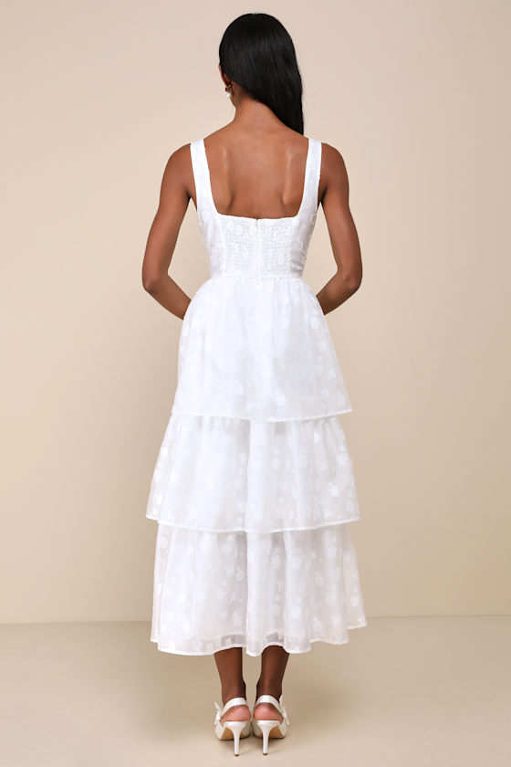 Lulus Sweet Potential White Floral Burnout Bustier Tiered Midi Dress In White