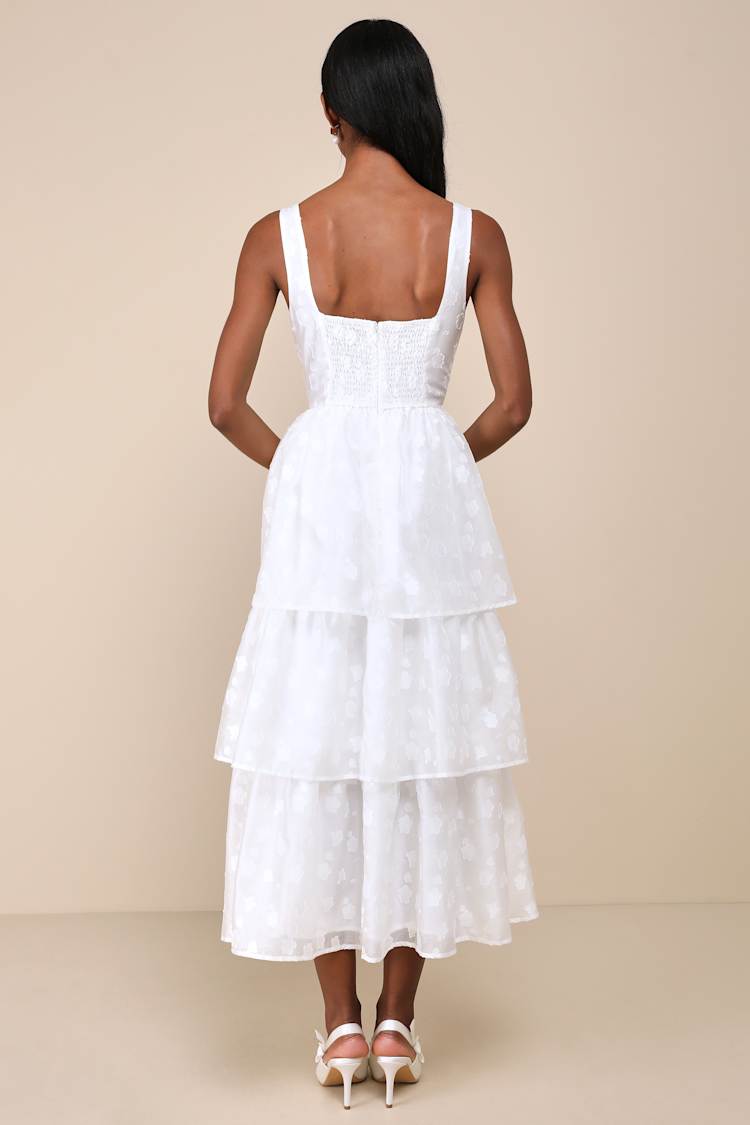 Sweet Potential White Floral Burnout Bustier Tiered Midi Dress
