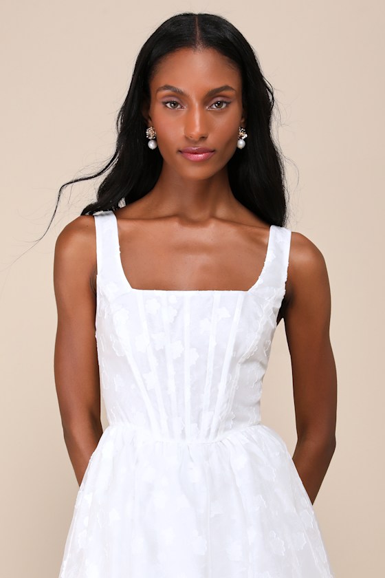Lulus Sweet Potential White Floral Burnout Bustier Tiered Midi Dress In White
