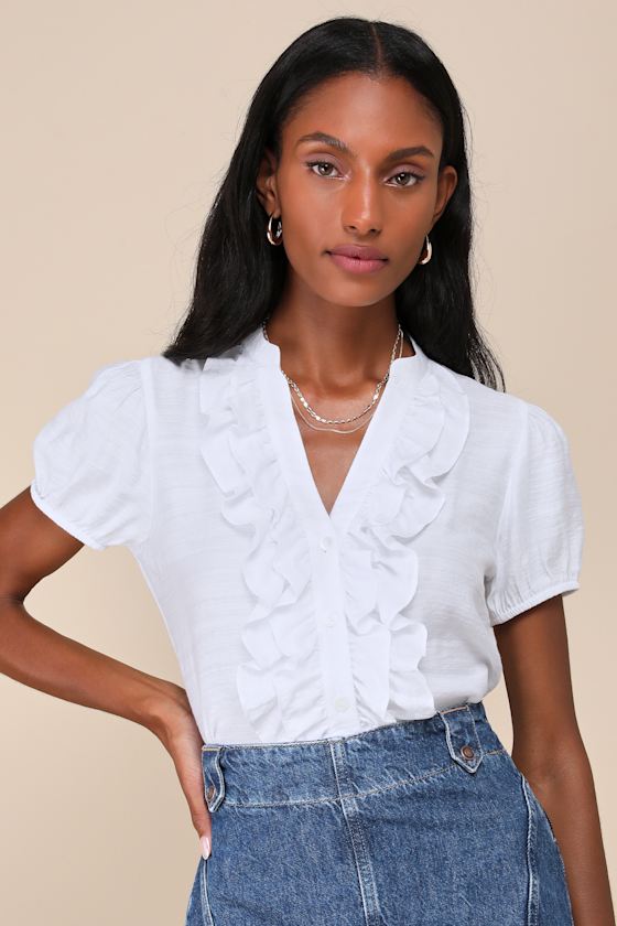 Ivory Ruffled Top - Short Sleeve Top - Button-Front Top - Top - Lulus