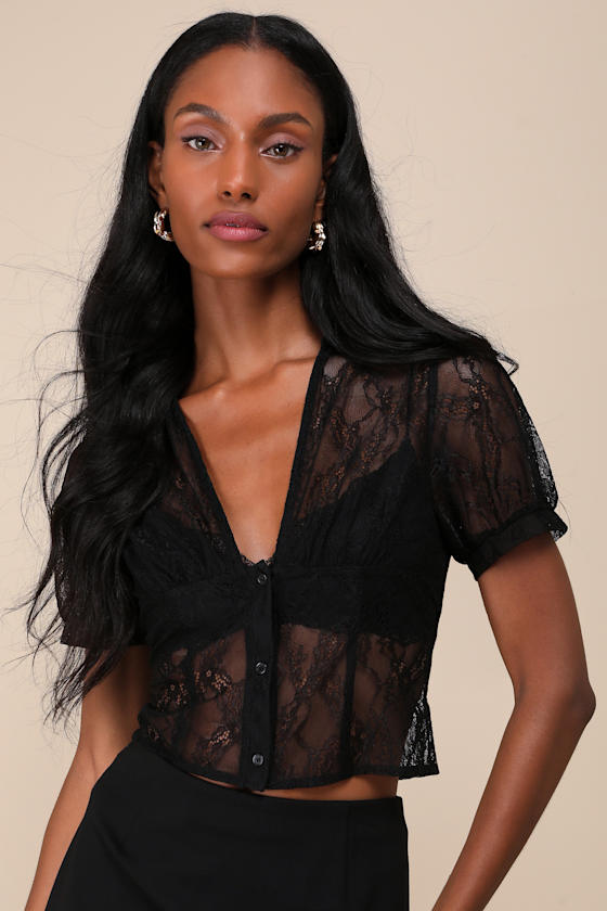 Pretty Flirty Black Sheer Lace Collared Short Sleeve Crop Top 5