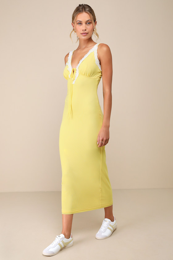 Lulus Ray Of Charm Yellow Mesh Lace Sleeveless Midi Dress In Yellow