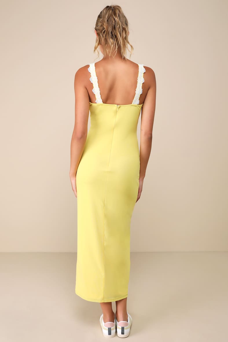 Ray of Charm Yellow Mesh Lace Sleeveless Midi Dress