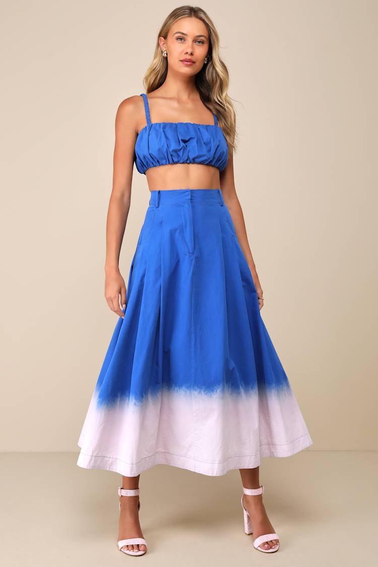 Compelling Aesthetic Blue Ombre Two-Piece Sleeveless Midi Dress