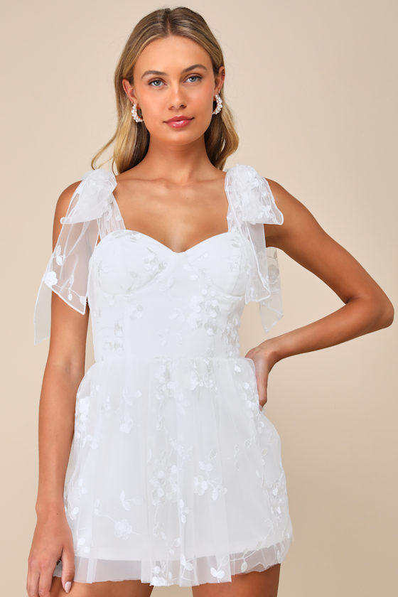 LULUS PRECIOUS WHIMSY WHITE MESH EMBROIDERED TIE-STRAP SKORT ROMPER