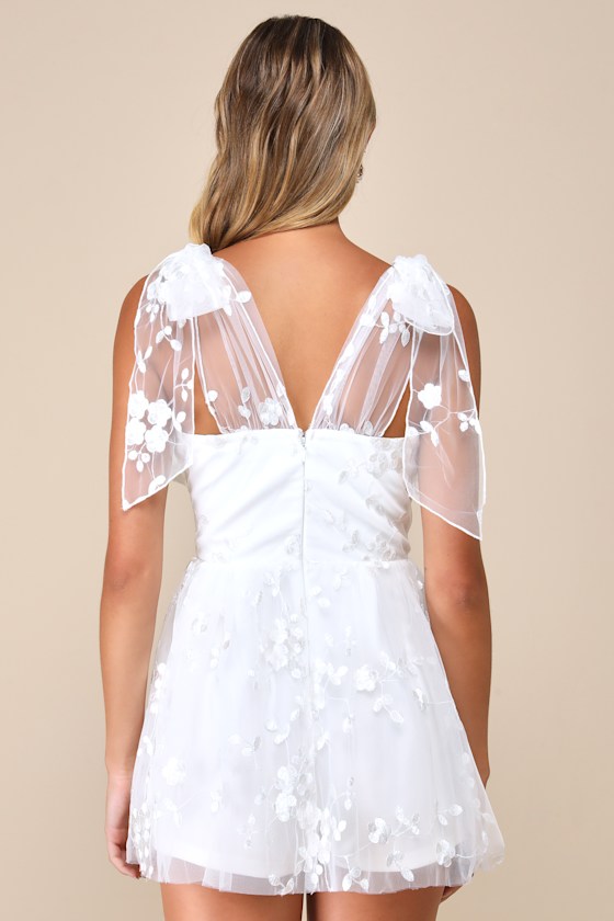 LULUS PRECIOUS WHIMSY WHITE MESH EMBROIDERED TIE-STRAP SKORT ROMPER