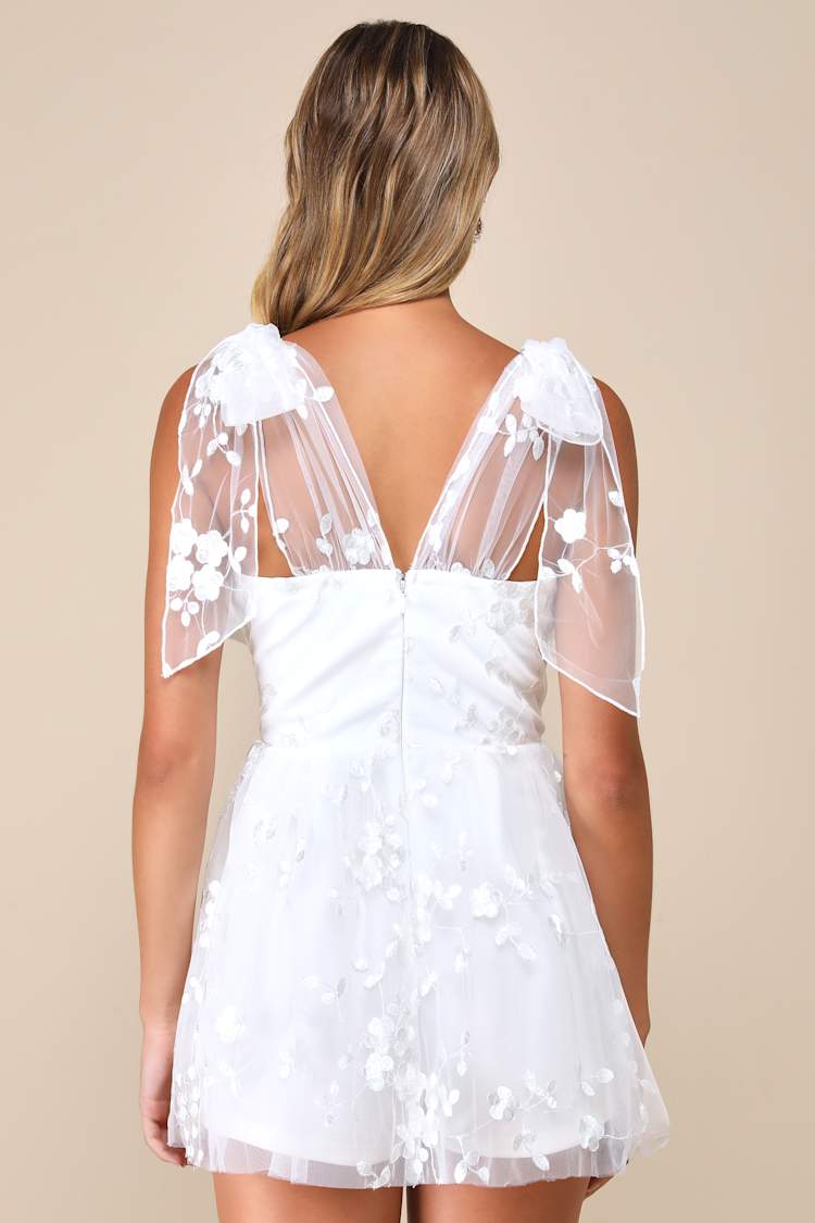 Precious Whimsy White Mesh Embroidered Tie-Strap Skort Romper