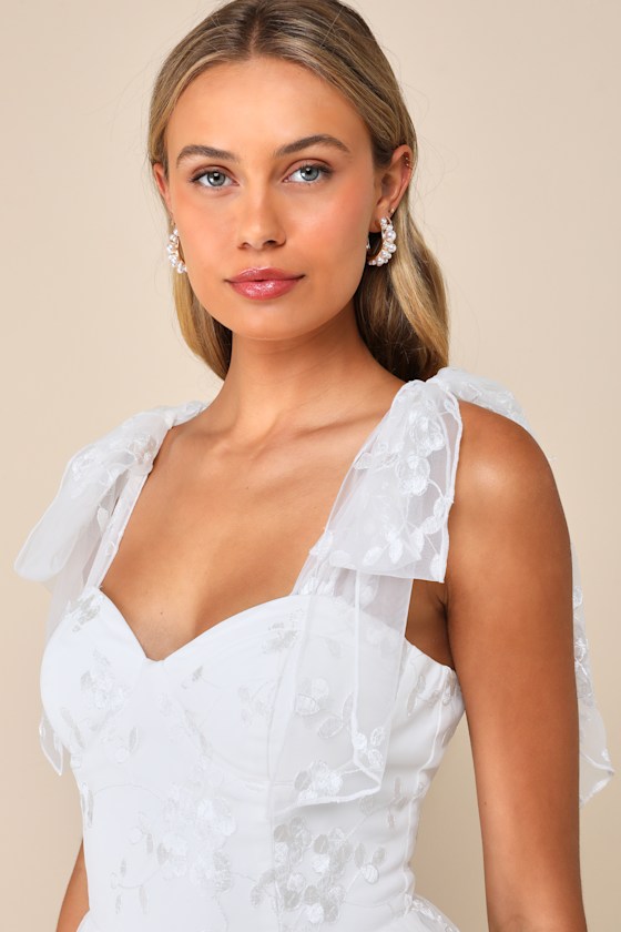 LULUS PRECIOUS WHIMSY WHITE MESH EMBROIDERED TIE-STRAP SKORT ROMPER
