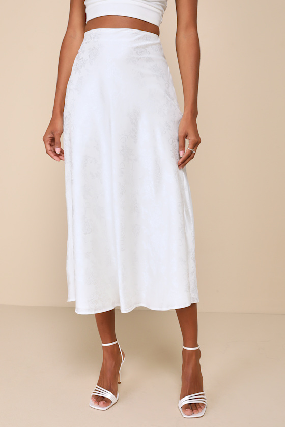 Lulus Simply Idyllic Ivory Floral Jacquard High Rise Midi Skirt In Ivory