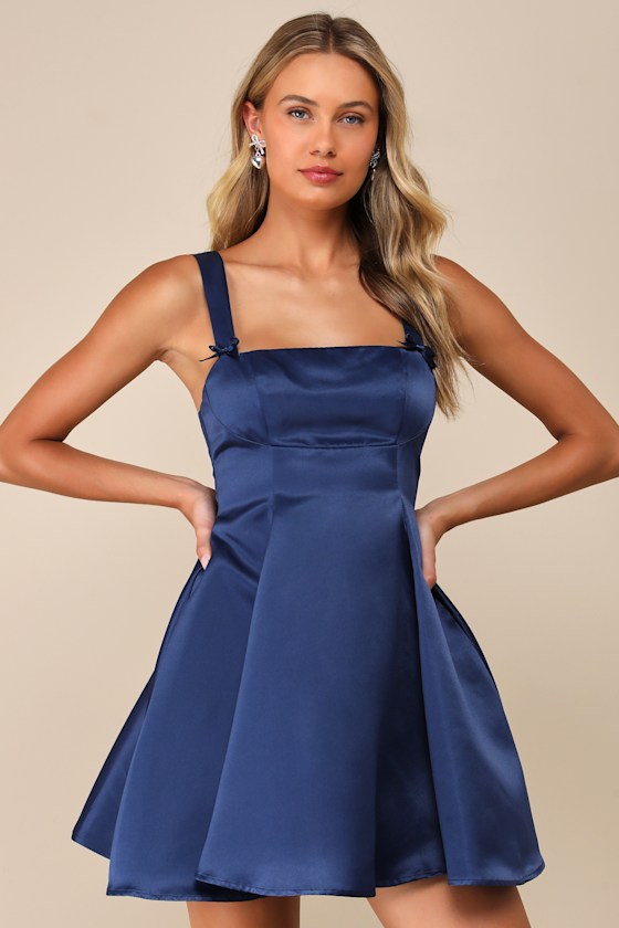 Flawlessly Flirty Navy Blue Satin Tie-Back Skater Mini Dress 5