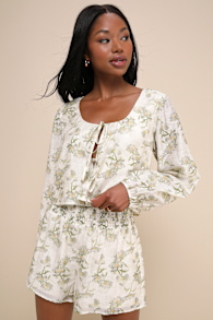 Playfully Sweet Beige and Sage Green Floral Smocked Shorts 4