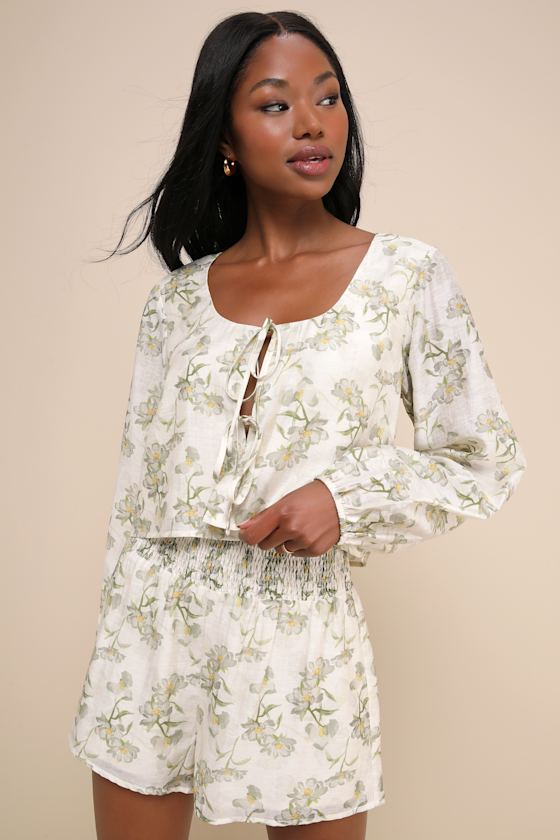 Playfully Sweet Beige and Sage Green Floral Smocked Shorts 4