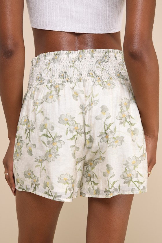 Lulus Playfully Sweet Beige And Sage Green Floral Smocked Shorts In Sage Green