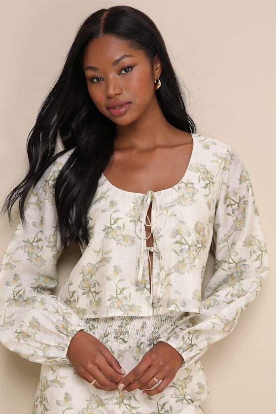 Playfully Sweet Beige and Sage Green Floral Tie-Front Top 4