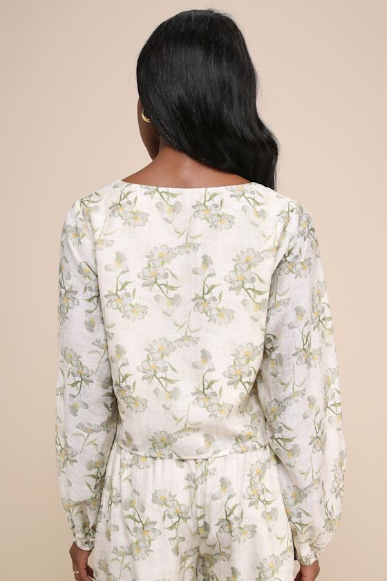 Playfully Sweet Beige and Sage Green Floral Tie-Front Top