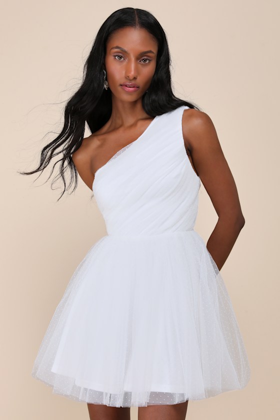 White Mini Dress - White Skater Dress - One-Shoulder Mini