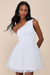 Exceptional Moments White Swiss Dot One-Shoulder Mini Dress