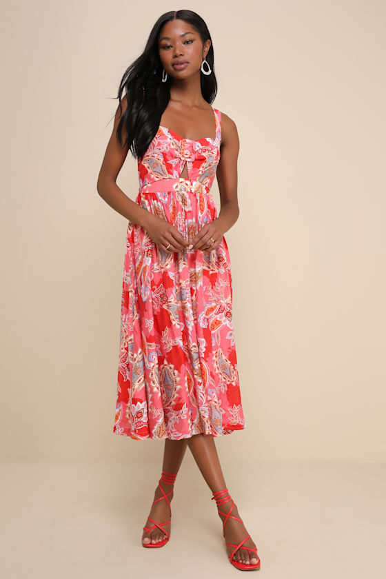 Lulus Impeccable Aura Pink Paisley Print Cutout Buckle Midi Dress In Pink