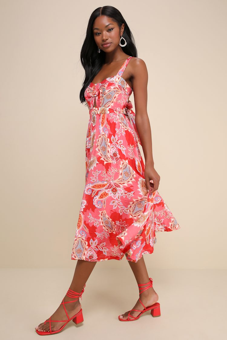 Impeccable Aura Pink Paisley Print Cutout Buckle Midi Dress