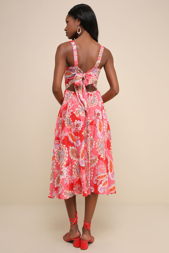 Lulus Impeccable Aura Pink Paisley Print Cutout Buckle Midi Dress In Pink