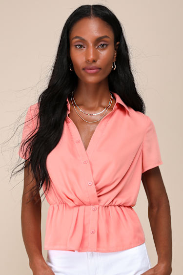 Peach Pink Top Short Sleeve Top Collared Peplum Top Lulus
