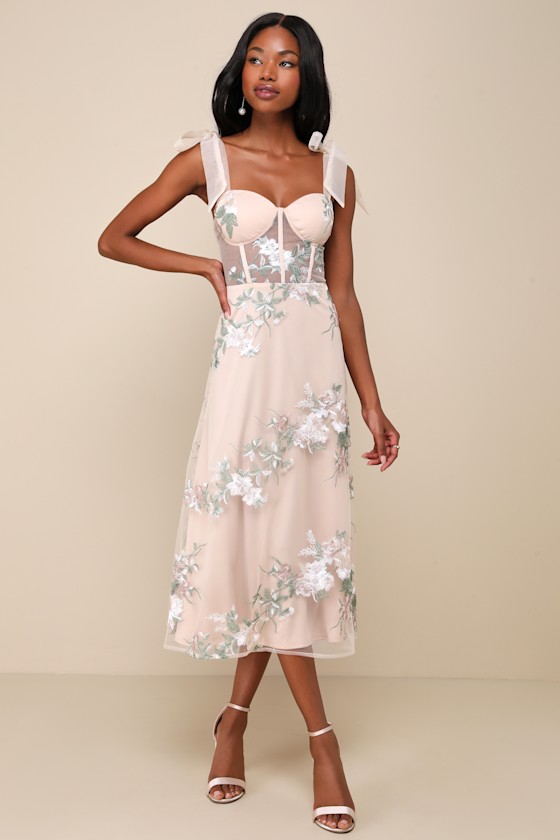 Beige Mesh Embroidered Dress Tie Strap Dress Midi Dress Lulus
