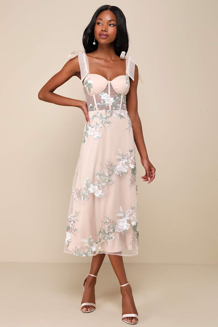Beige Mesh Embroidered Dress - Tie-Strap Dress - Midi Dress - Lulus Beige Mesh Embroidered Dress - Tie-Strap Dress - Midi Dress - Lulus