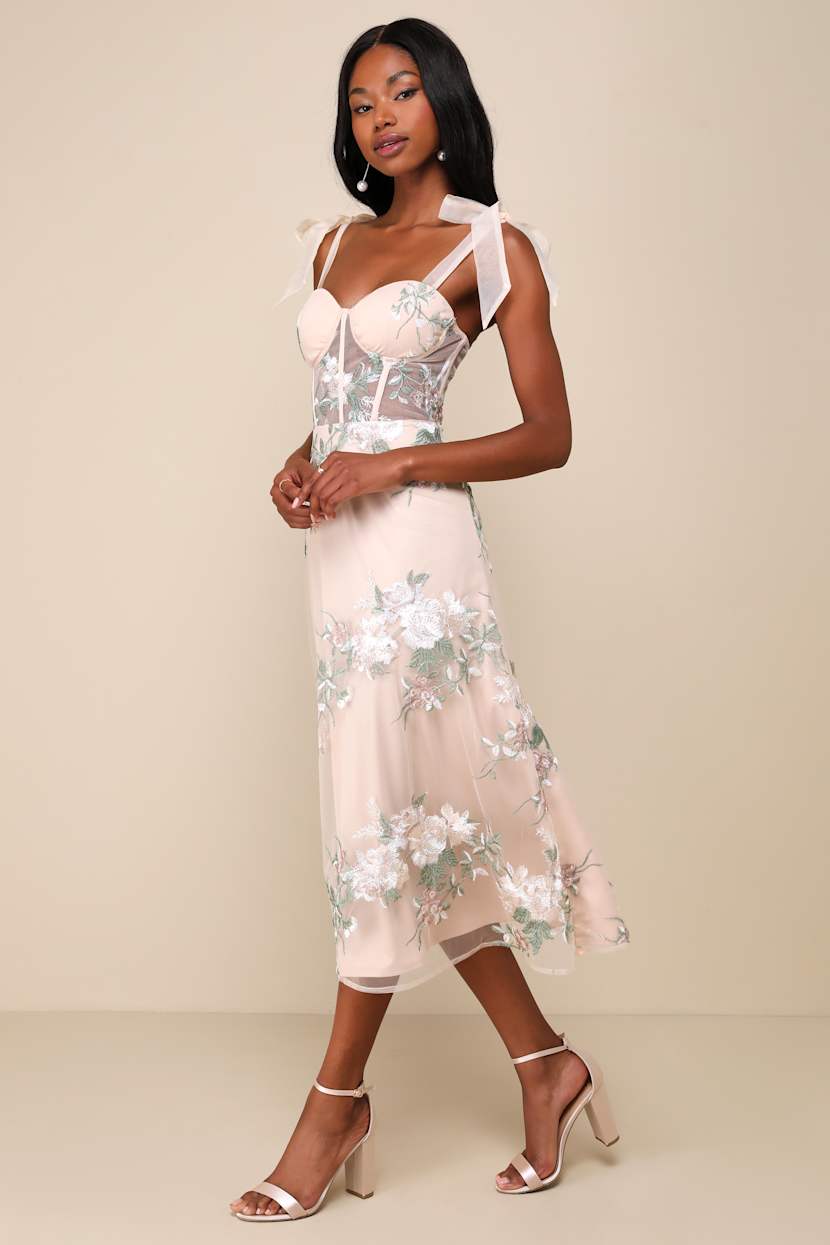 Beige Mesh Embroidered Dress - Tie-Strap Dress - Midi Dress - Lulus