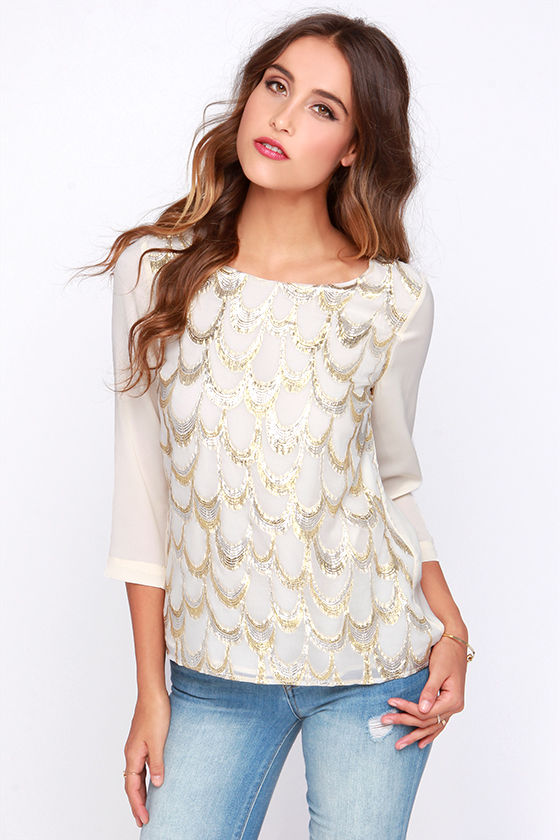 Chic Cream Top - Gold Embroidered Top - Long Sleeve Top - $49.00