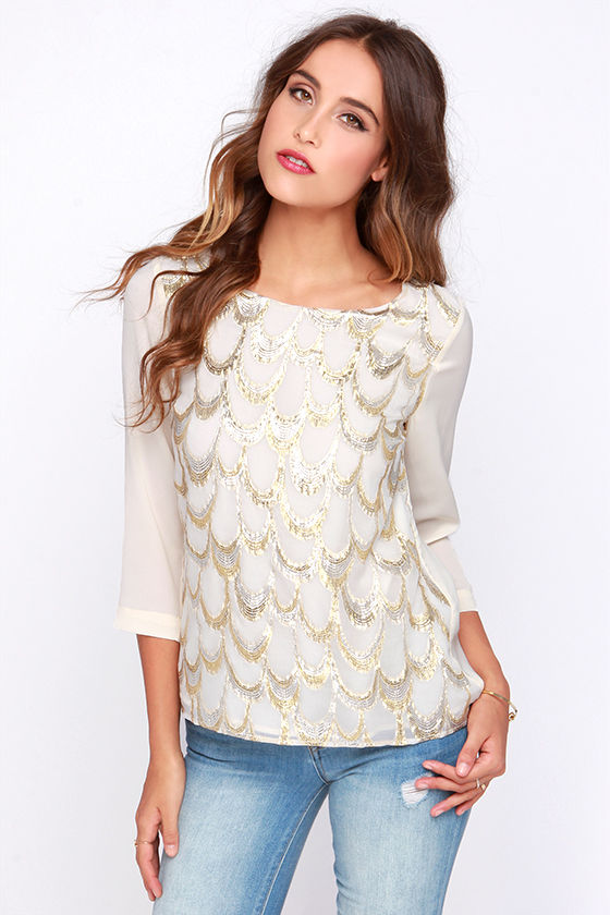 Chic Cream Top Gold Embroidered Top Long Sleeve Top 49.00