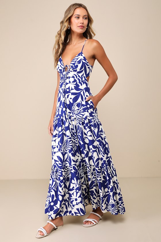 LULUS MYKONOS MEMORIES BLUE AND IVORY ABSTRACT MAXI DRESS WITH POCKETS