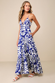 Mykonos Memories Blue and Ivory Abstract Midi Dress With Pockets 1