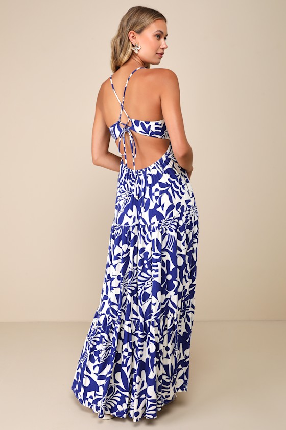 LULUS MYKONOS MEMORIES BLUE AND IVORY ABSTRACT MAXI DRESS WITH POCKETS
