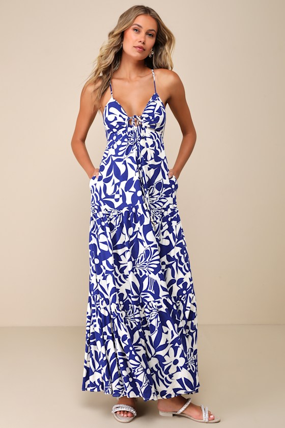 LULUS MYKONOS MEMORIES BLUE AND IVORY ABSTRACT MAXI DRESS WITH POCKETS