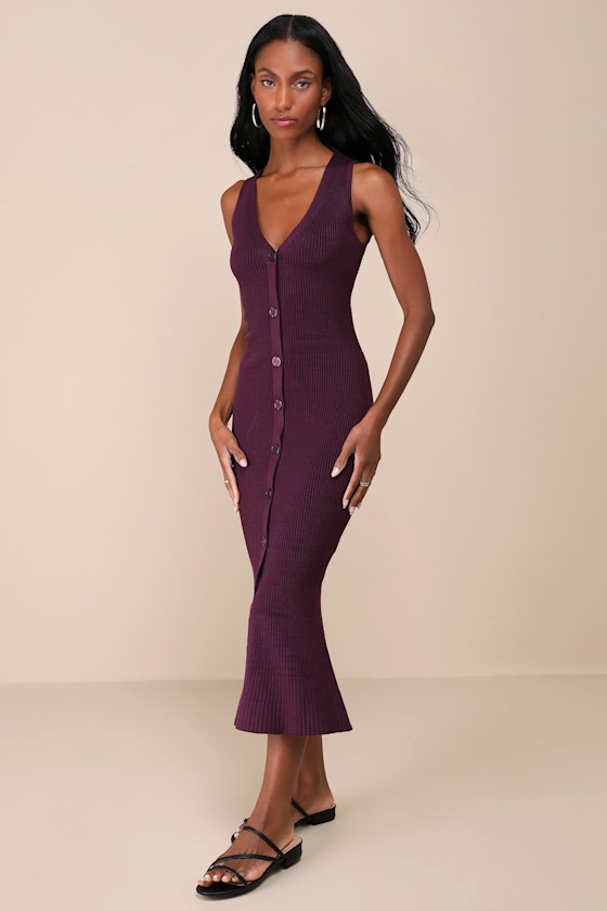 Lulus Posh Intent Purple Ribbed Button-front Sweater Dress In Purple