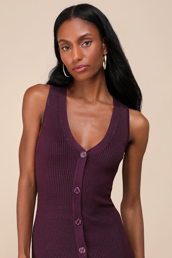 Lulus Posh Intent Purple Ribbed Button-front Sweater Dress In Purple