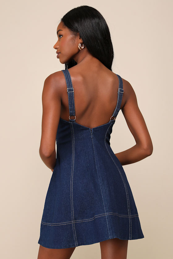 Dark Wash Denim Dress - Bustier Mini Dress - Dress with Pockets - Lulus