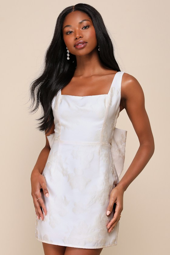 Ivory Jacquard Dress - Bow Back Dress - Low Back Mini Dress