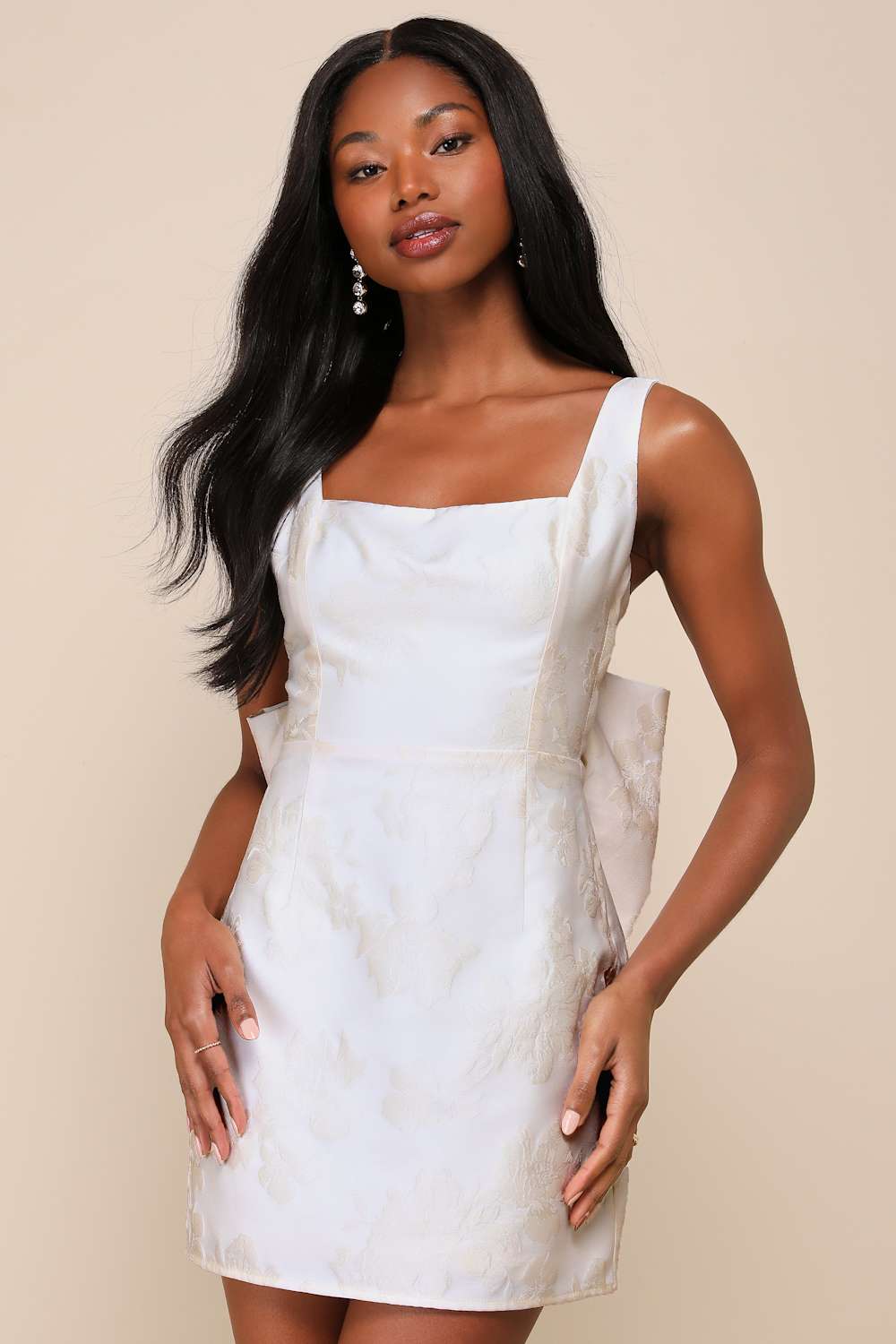 Flirtatious Poise Ivory Jacquard Bow Back Mini Dress