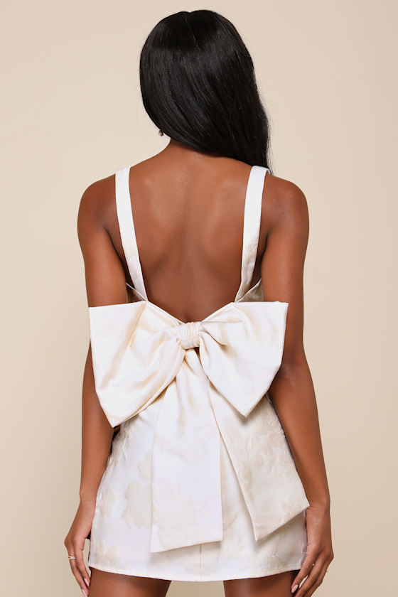 Flirtatious Poise Ivory Jacquard Bow Back Mini Dress 2