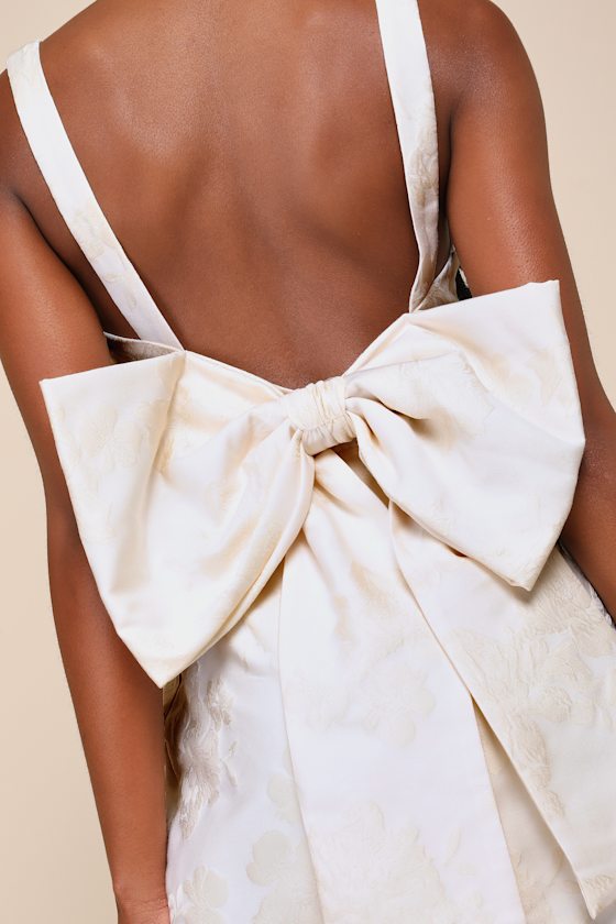 Lulus Flirtatious Poise Ivory Jacquard Bow Back Mini Dress In Ivory