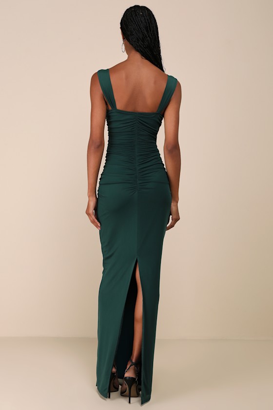 Lulus Amazing Presence Dark Green Mesh Ruched Column Maxi Dress In Dark Green