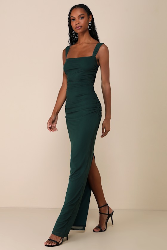Lulus Amazing Presence Dark Green Mesh Ruched Column Maxi Dress In Dark Green