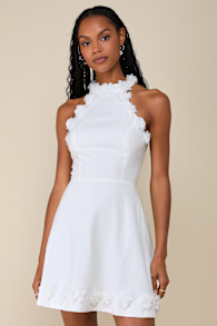 Profound Poise White Linen 3D Floral Mock Neck Mini Dress