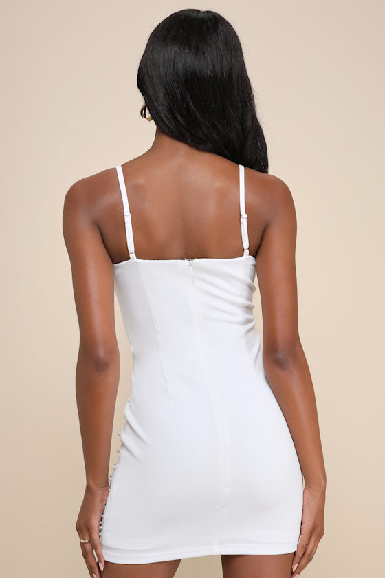 Lulus Celebrate In Style White Bodycon Pearl Sleeveless Mini Dress In White