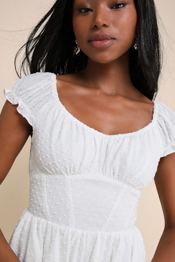 Lulus Considerably Cute White Swiss Dot Bustier Ruffled Romper In White
