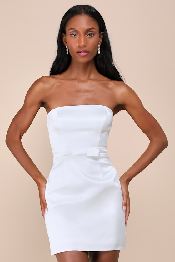 Adorable Chicness White Satin Strapless Bow Mini Dress 1