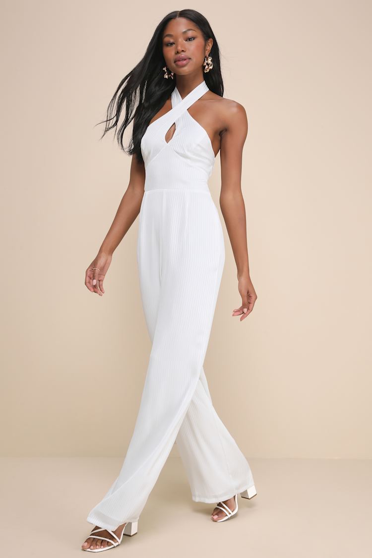 Constantly Copied White Satin Cross-Front Halter Jumpsuit